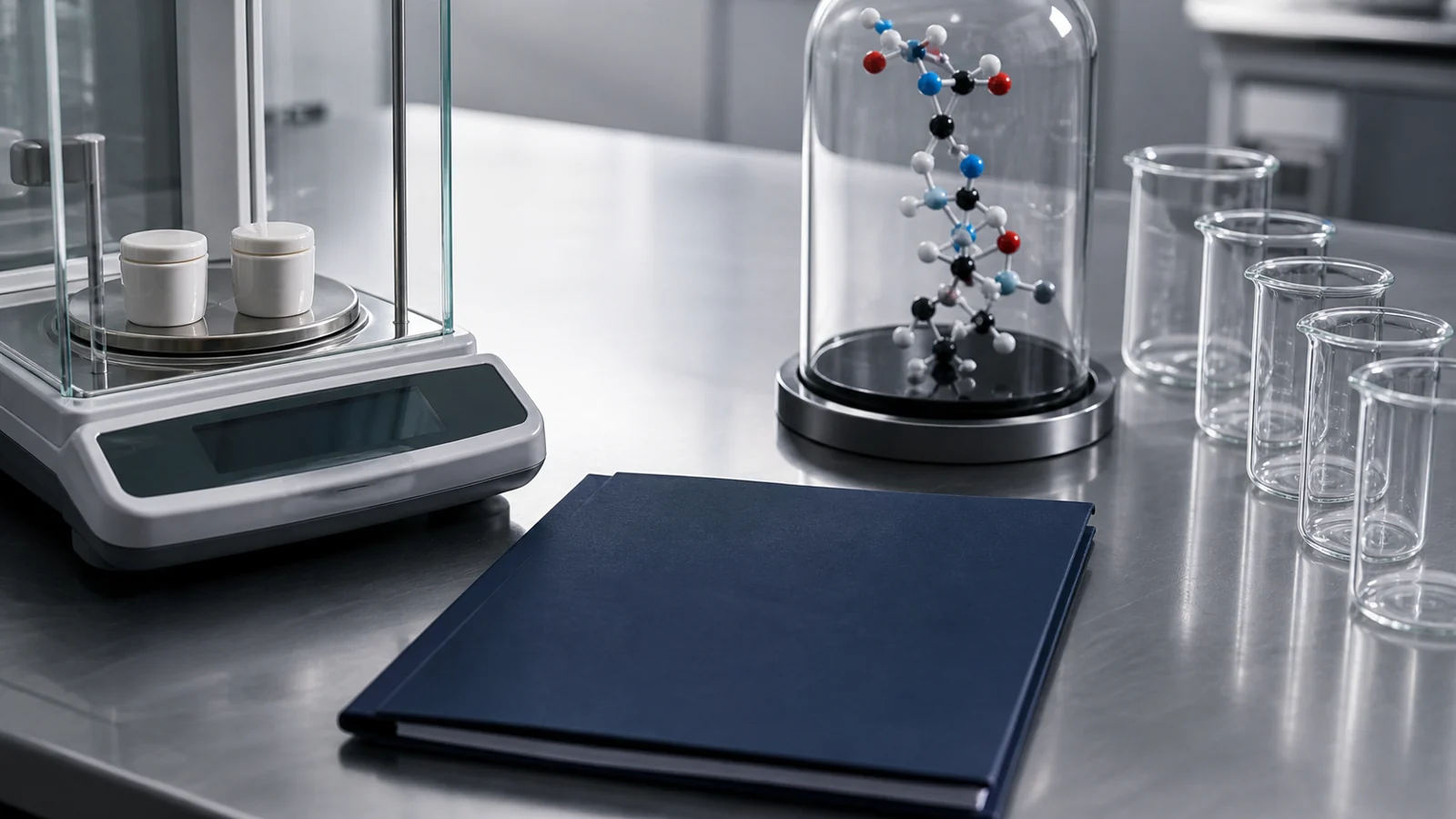 Quality-control bench with a precision balance, blank folder, generic molecule under glass, and empty vessels.