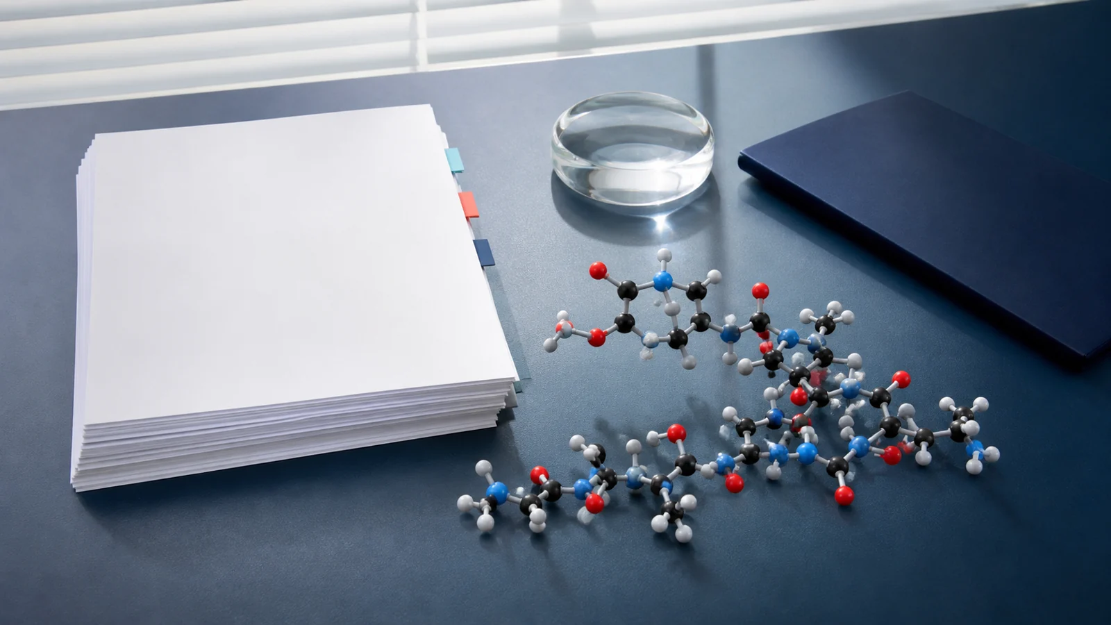 Blank regulatory papers and folder arranged with a generic peptide model and glass paperweight.