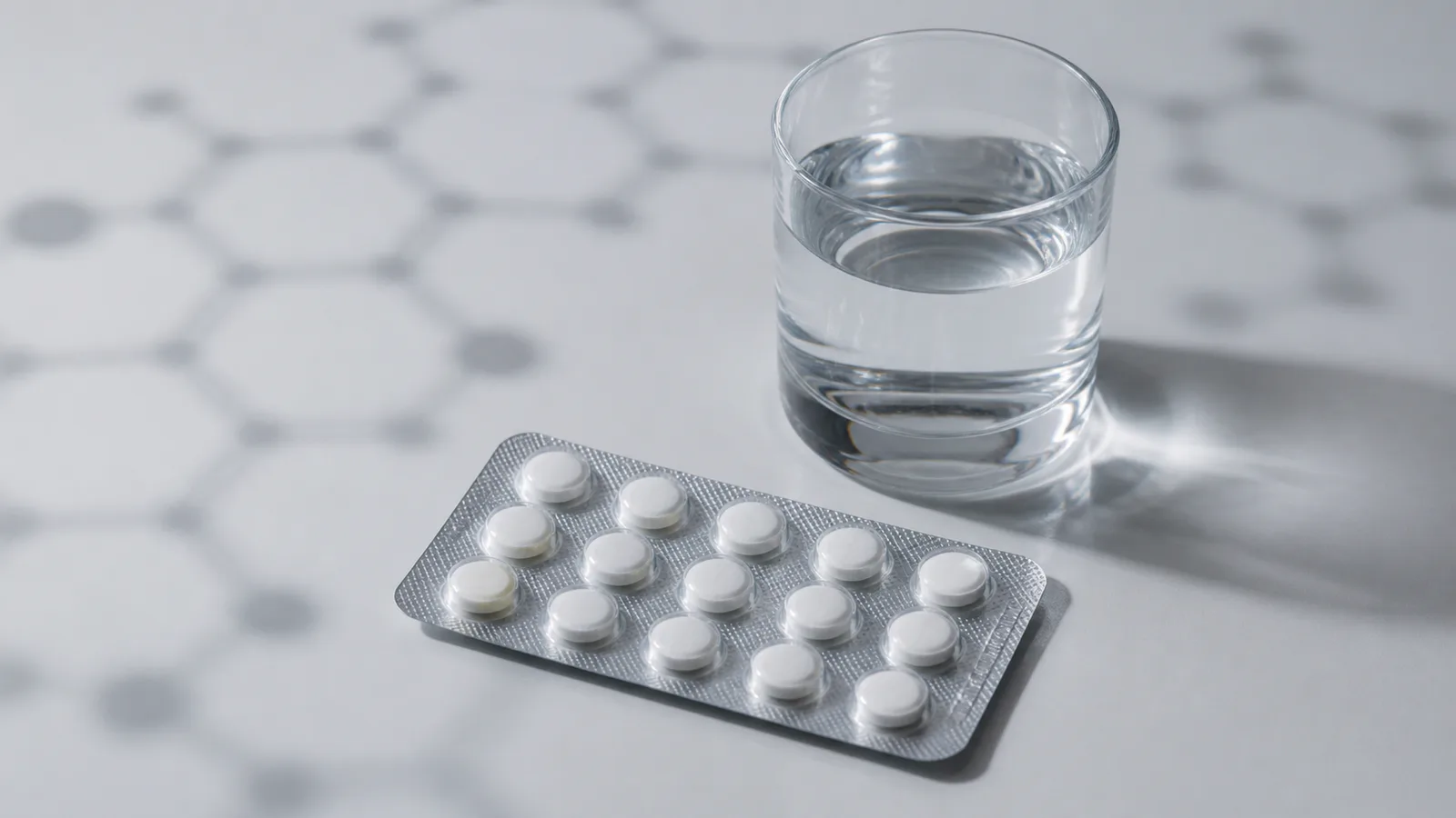 Plain white tablets in an unbranded blister beside a glass of water