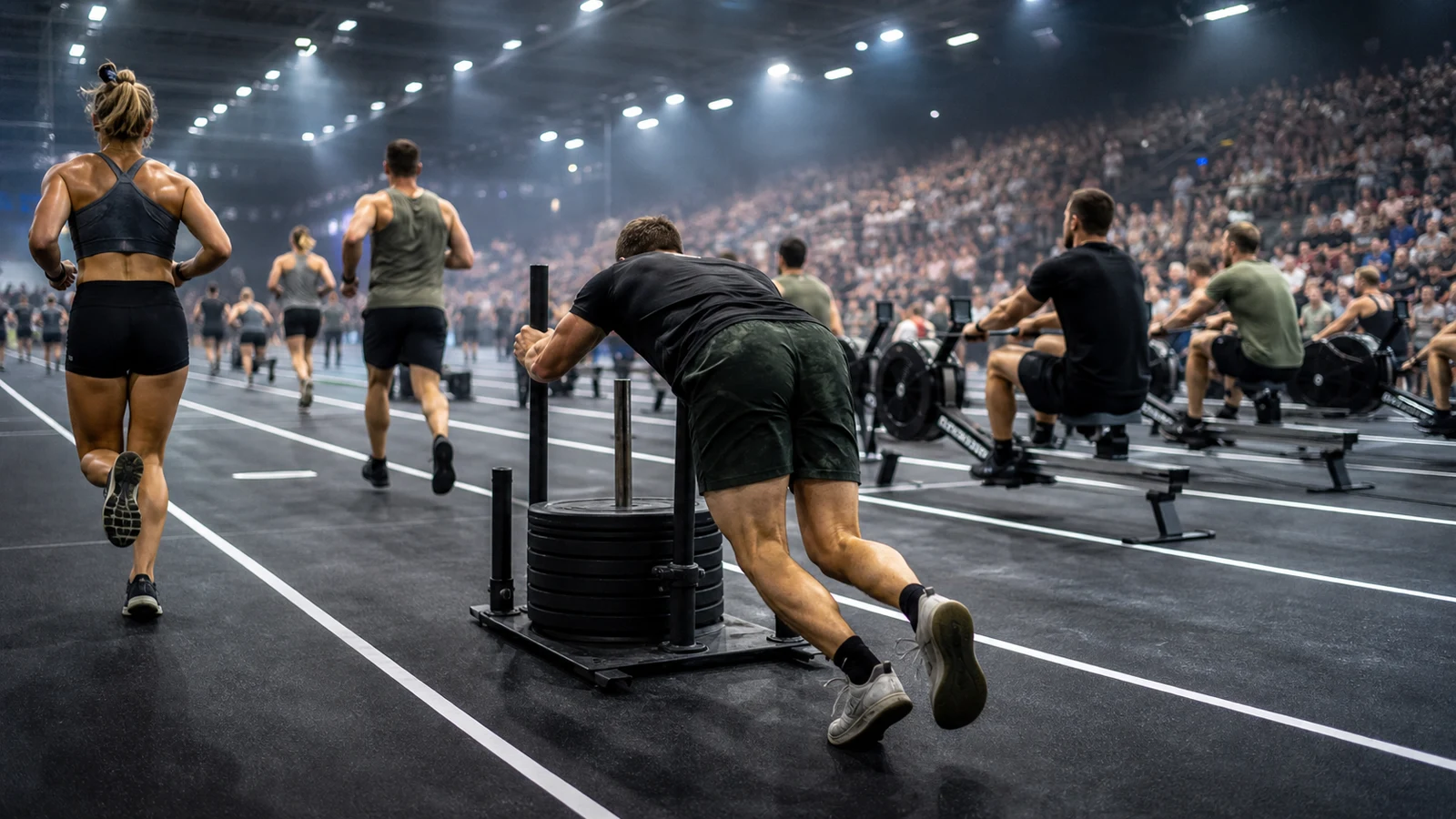 Anonymous athletes competing in a generic indoor fitness race with running lanes and sled equipment.