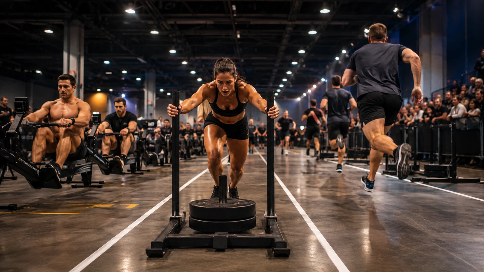 Anonymous hybrid-fitness athletes pushing a sled, rowing, and running inside a large convention hall.