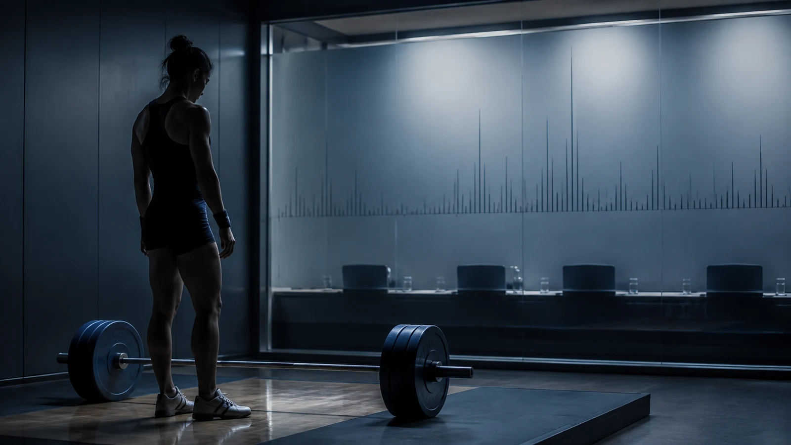 Anonymous female masters weightlifter beside a loaded bar in a dark hearing-room setting with a scientific waveform behind glass.