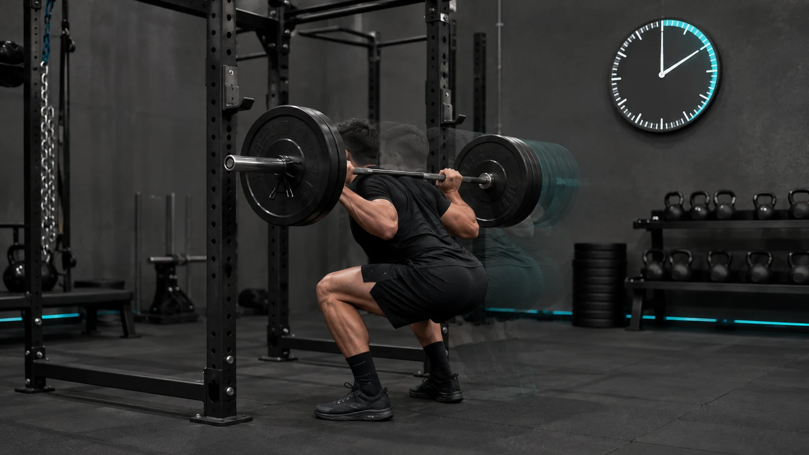 Anonymous athlete squatting in a rack with a clock and subtle motion trail suggesting different repetition speeds.