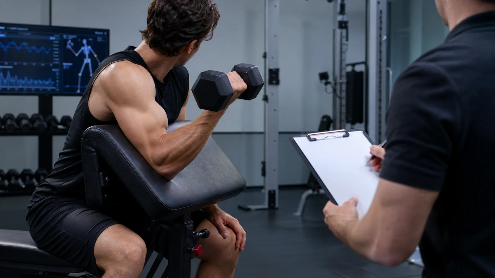 Anonymous athlete performing a preacher curl while a researcher records the set.